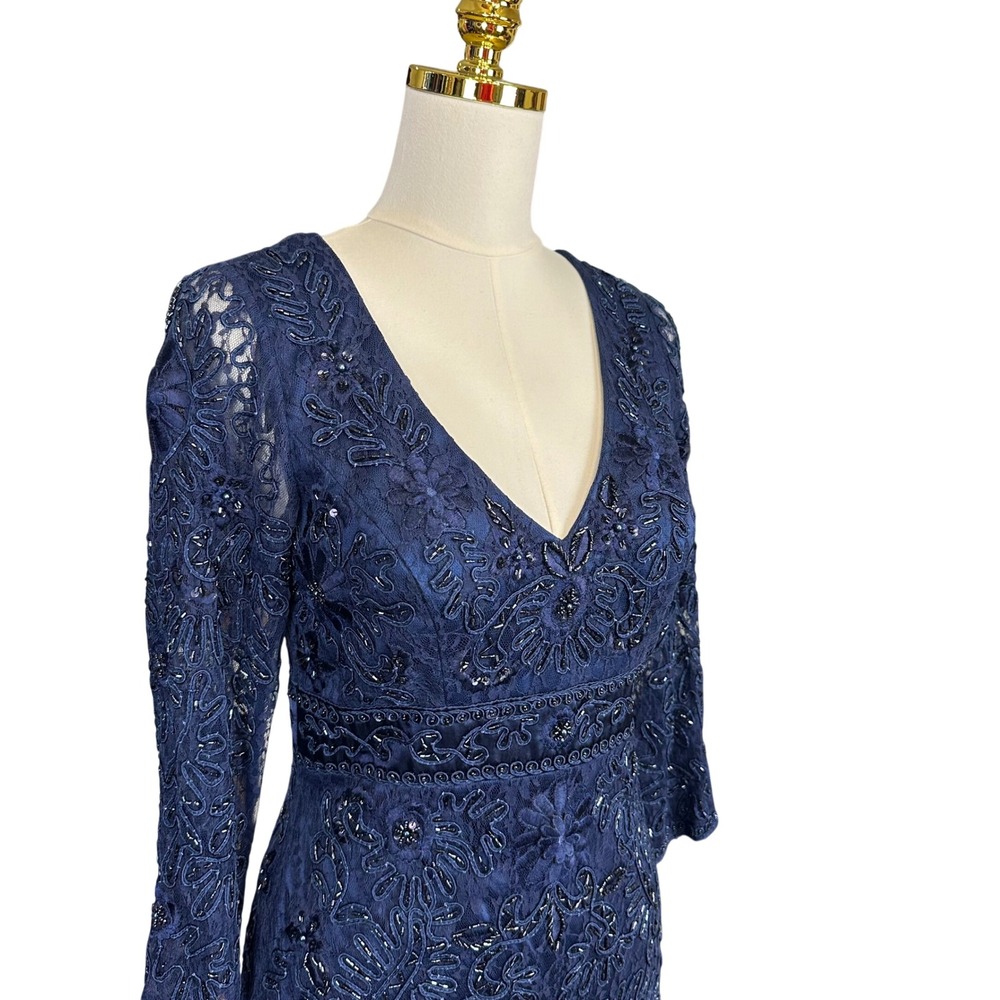Sue Wong Navy Blue Beaded Lace Cocktail Dress V-Neck 3/4 Sleeve Formal Gown - Picture 7 of 16
